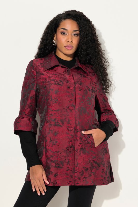 Veste en Jacquard, tissu taffetas, col chemise et manches avec volants