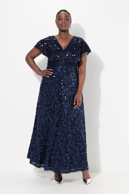 Robe de soirée avec franges et paillettes, manches courtes, décolleté en V