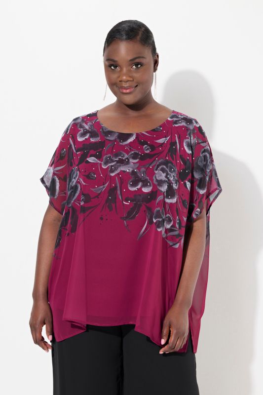 Blouse oversize, effet de superposition, col rond et manches courtes