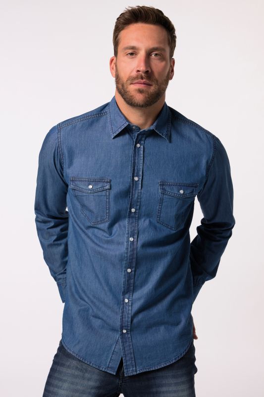 Chemise en jean JP 1880, manches longues et col Kent, coupe Modern Fit - jusqu'au 8&nbsp;XL