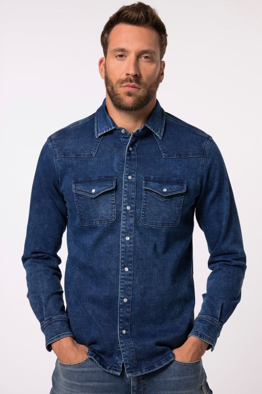 Chemise en jean JP 1880 FLEXNAMIC®, tissu denim, manches longues et col Kent, coupe Modern Basic Fit - jusqu'au 8&nbsp;XL