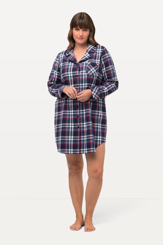 Chemise de nuit en flanelle, motif à carreaux, col à revers, manches longues