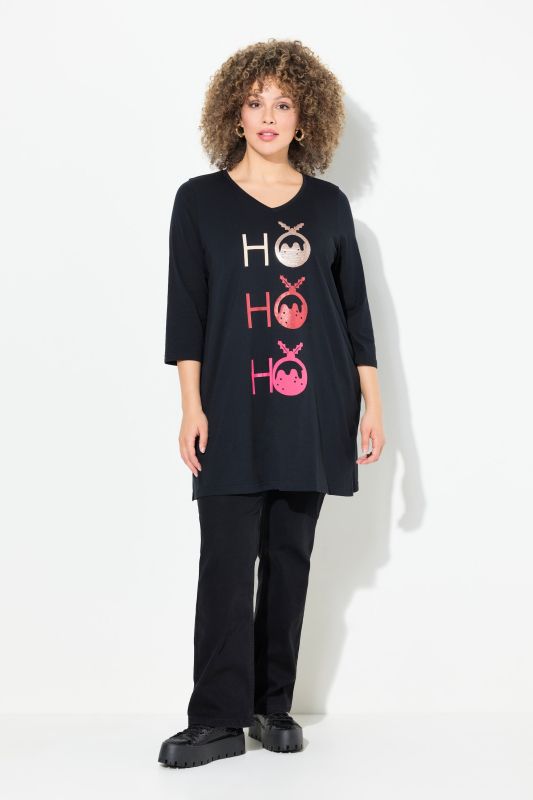 T-shirt long, ligne en A avec col en V et manches 3/4, motif Ho Ho Ho