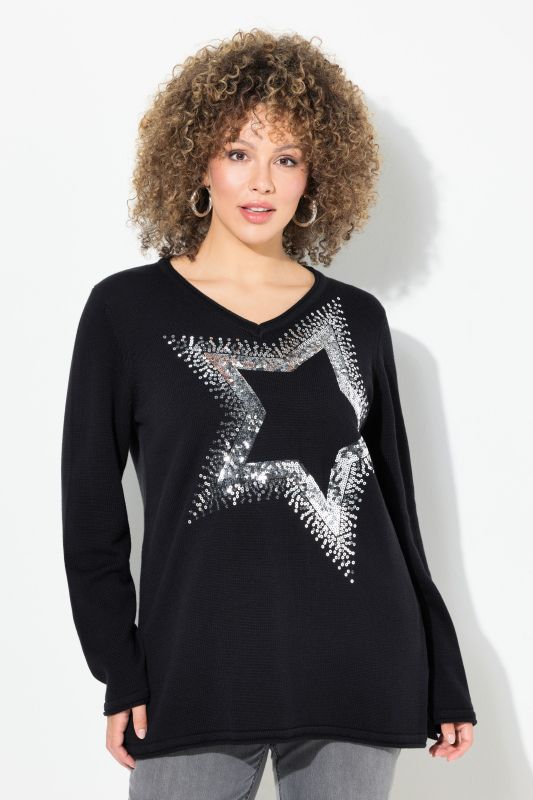 Pull à col en V et manches longues avec étoile pailletée