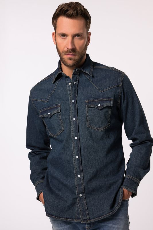 Chemise en jean JP 1880 à manches longues, style vintage, col Kent et coupe Modern Fit - jusqu'au 8&nbsp;XL