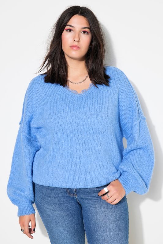 Pull oversize, encolure en V avec dentelles, manches longues et amples