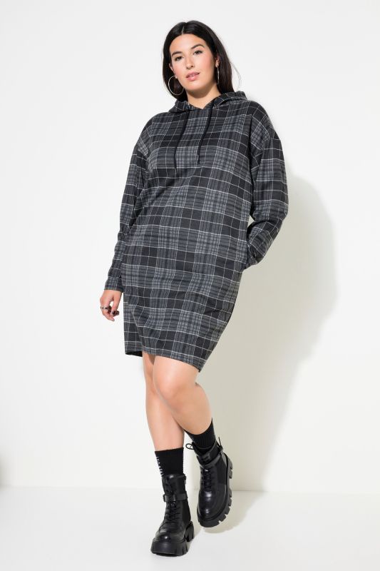 Robe midi oversize, jersey à carreaux, capuche et manches longues