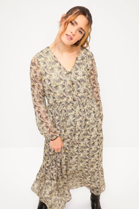 Robe maxi  coupe trapèze avec imprimé léopard à petits motifs, décolleté en V et taille élastique. Manches longues