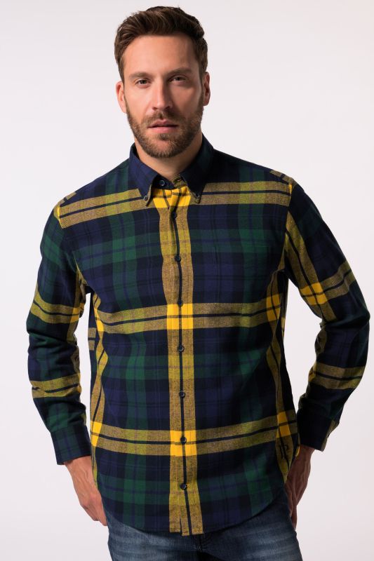 Chemise JP 1880 en flanelle à carreaux, manches longues et col à pointes boutonnées, coupe Modern Fit - jusqu'au 8 XL