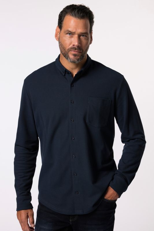 Chemise JP 1880 en piqué à carreaux. Manches longues et col à pointes boutonnées (petits boutons), coupe Modern Fit - jusqu'au 8 XL