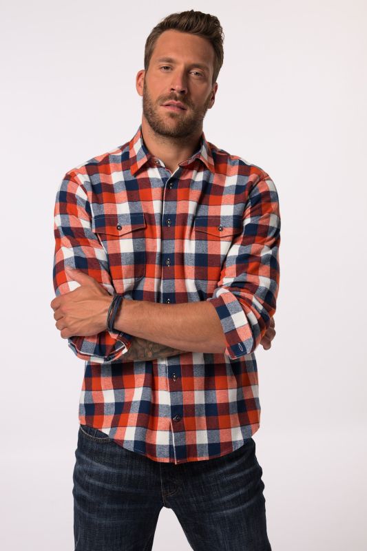 Chemise JP 1880 en flanelle à carreaux, manches longues et col Kent, coupe Modern Fit - jusqu'au 8&nbsp;XL