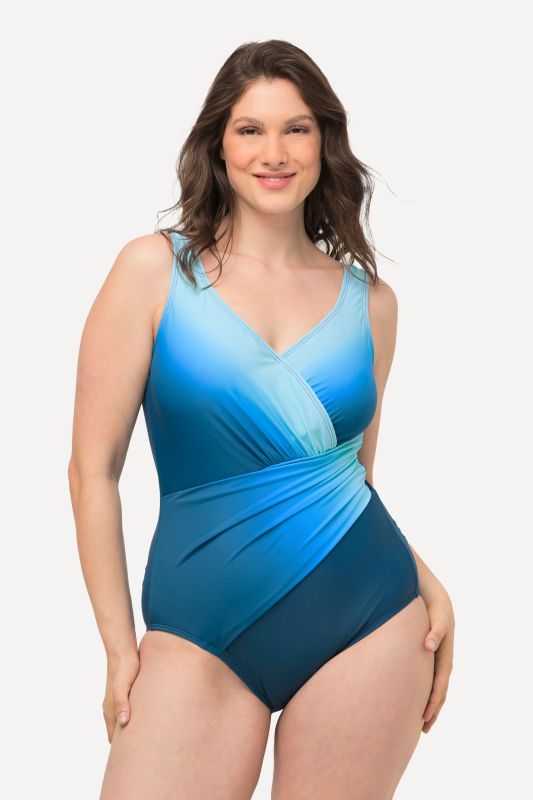 Maillot de bain décolleté en V et bonnets souples. Dégradé de couleurs, matière recyclée.