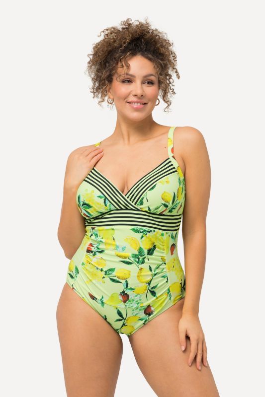 Maillot de bain à bonnets souples et motif citrons. Bretelles réglables. Matière recyclée.