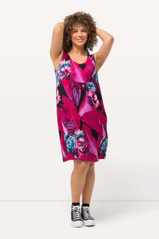 Robe midi à col rond, coupe trapèze sans manches, poches