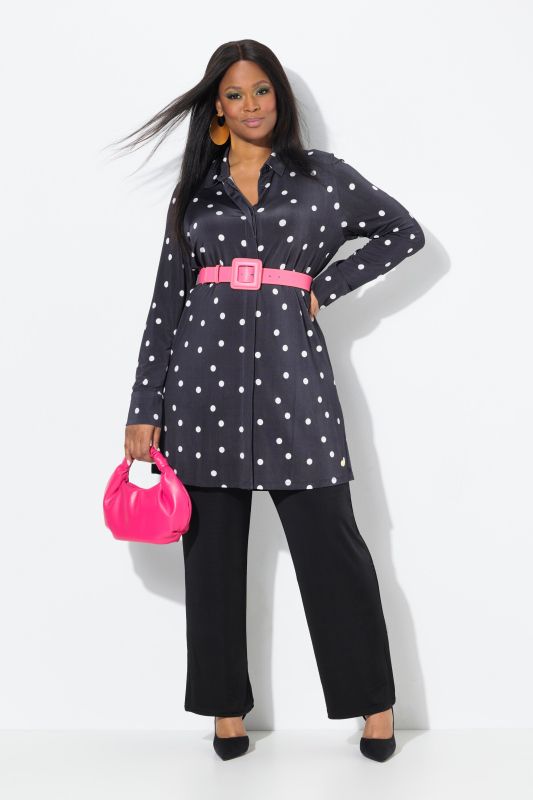 Chemisier long au tombé fluide, motif pois, col chemise et manches longues