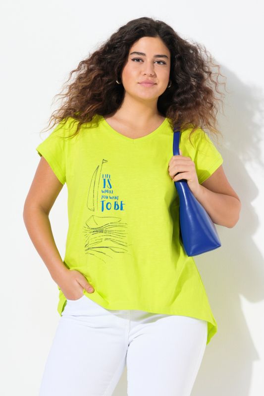 T-shirt coupe évasée, motif bateau décolleté en V et manches courtes