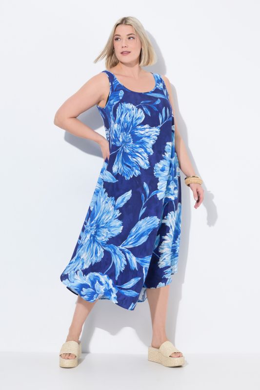 Robe midi dans un imprimé à fleurs, sans manches, décolleté rond
