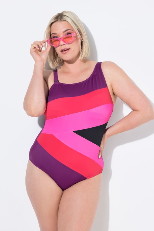 Maillot de bain esprit « colour block », bonnets souples, bretelle amovible à droite