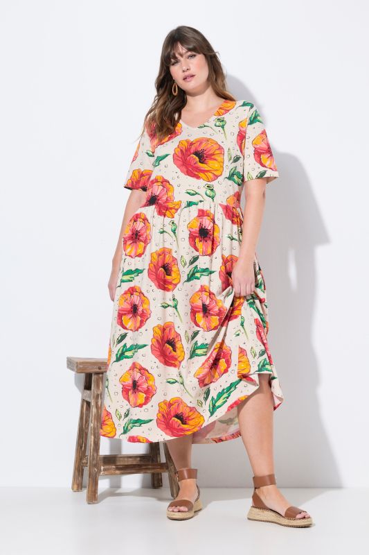 Robe maxi, coquelicot, col en V, manches courtes, coton bio
