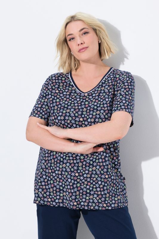 T-shirt de pyjama, décolleté en V et manches courtes, motif à fleurs