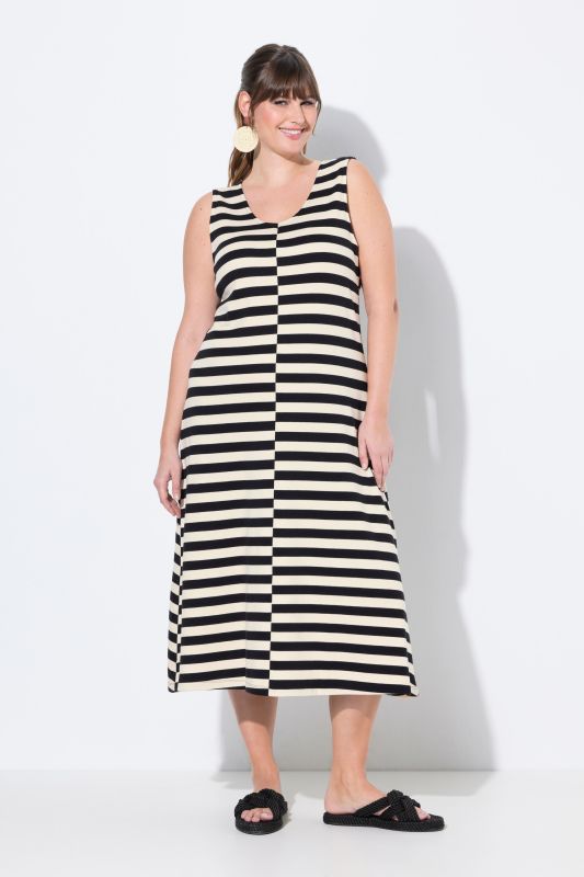 Robe midi, rayures, col en V, sans manches, coton bio