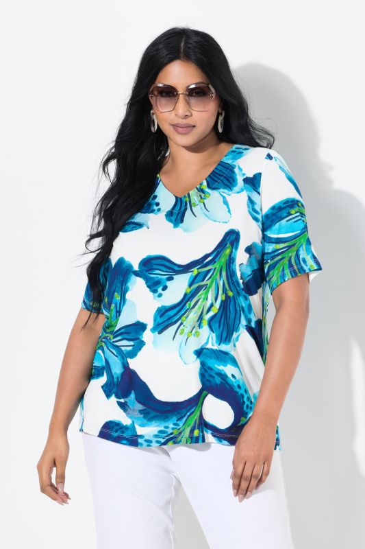 T-shirt à fleurs, décolleté en V et manches courtes, coupe Classic Fit