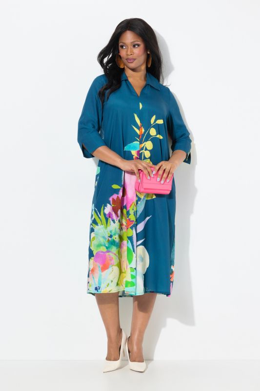 Robe midi, fleurs, coupe trapèze, col chemise, manches 3/4