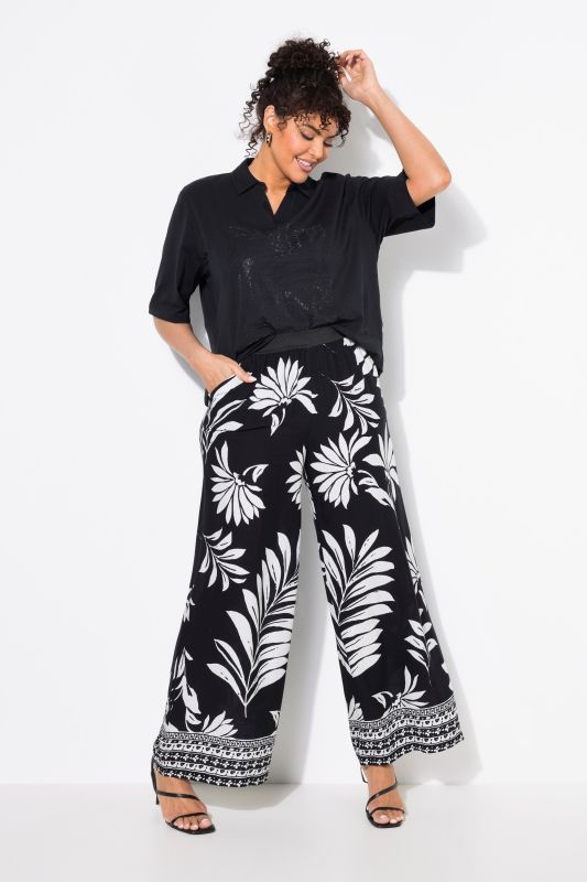 Pantalon motif floral, jambe droite et large, taille élastique