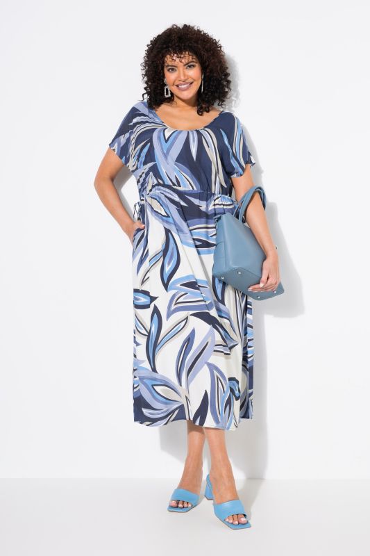 Robe maxi motif feuilles, cordon de serrage sous tunnel, manches courtes et décolleté en V