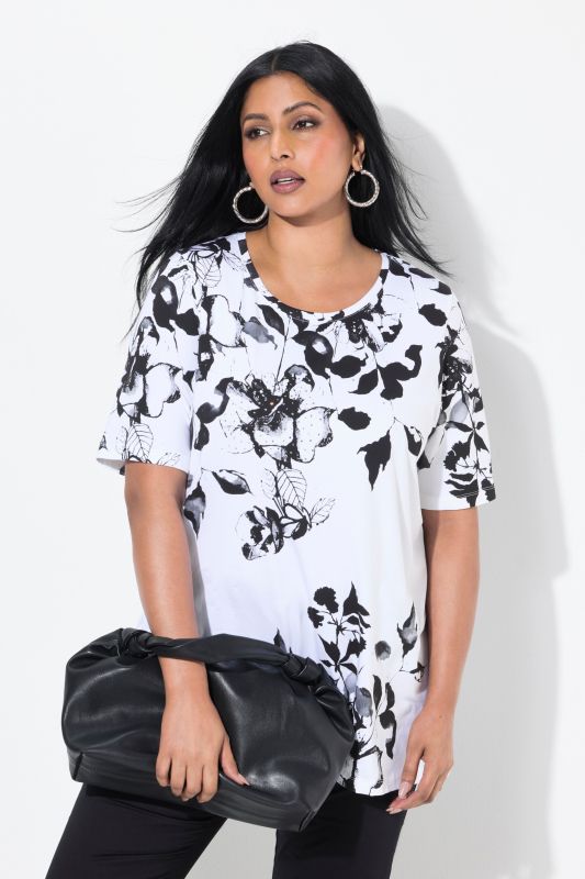 T-shirt en coton Pima, motif à fleurs, col rond et manches courtes, coupe évasée