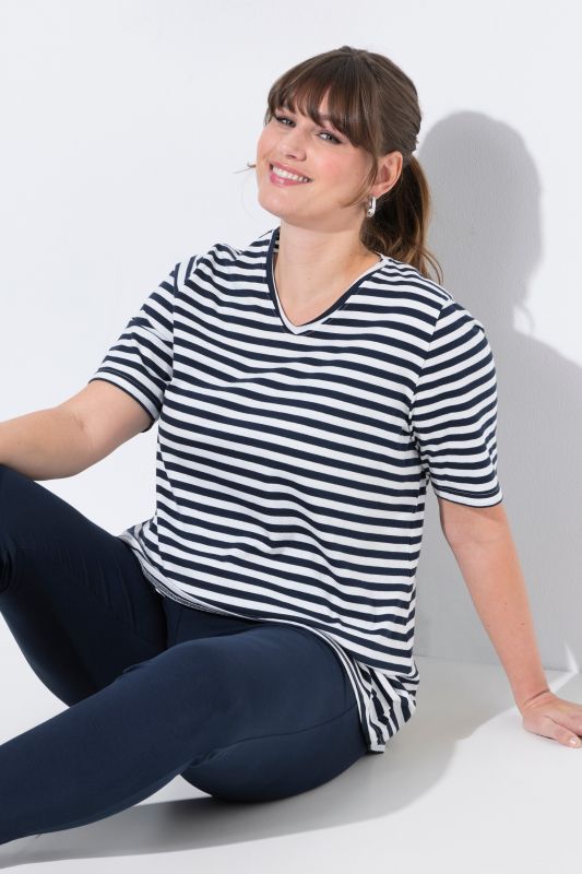 T-shirt, lot de 2, rayures/uni, col en V, manches courtes