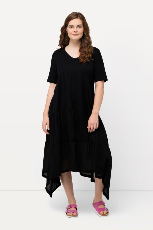 Robe midi en coton bio texturé, décolleté en V et manches courtes
