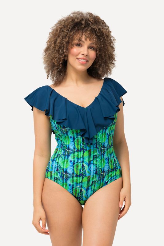 Maillot de bain à bonnets souples, fleurs et rayures volant sur le décolleté