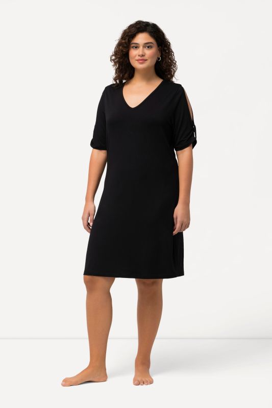 Robe de plage en jersey à décolleté en V, ruban fantaisie et manches courtes