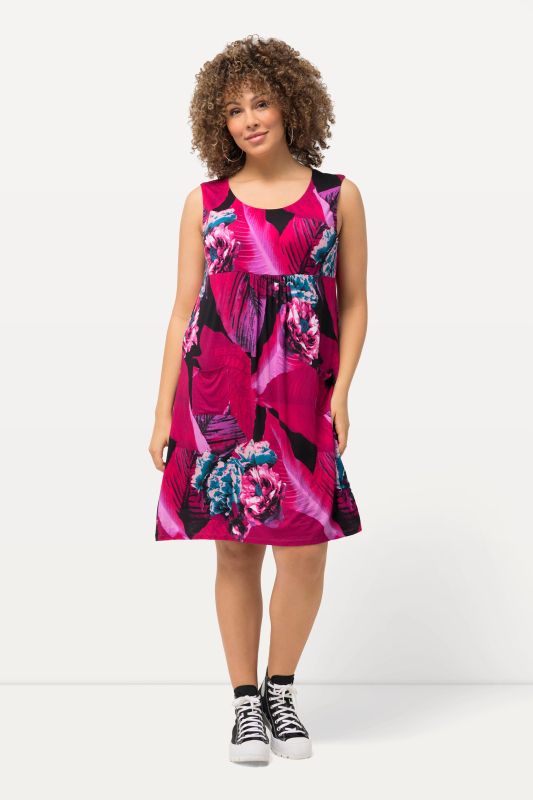 Robe midi à col rond, coupe trapèze sans manches, poches