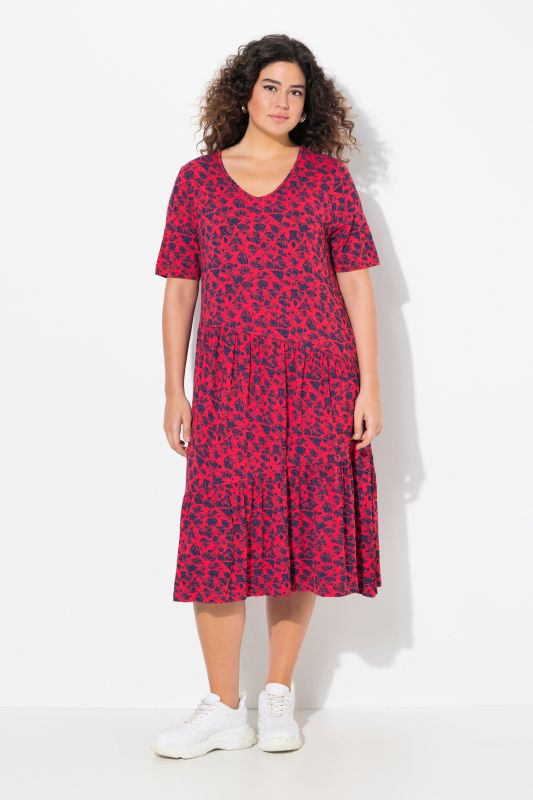 Robe en jersey, coupe évasée avec volants, décolleté en V, manches courtes