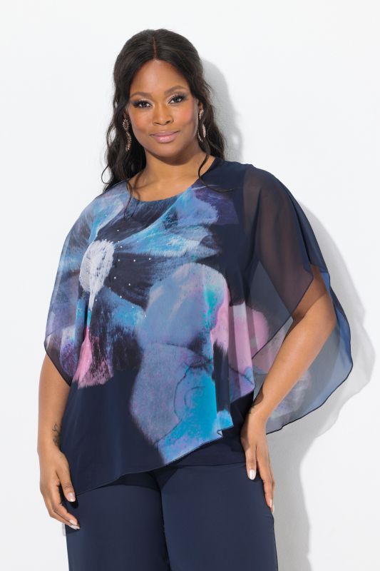 Blouse oversize en mousseline à fleurs, décolleté rond et manches courtes