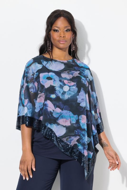 Blouse avec voile en mousseline, encolure bateau, manches 3/4