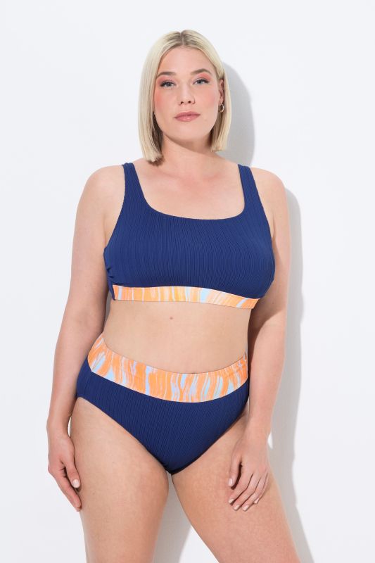 Bikini à bonnets souples, bretelles ajustables, imprimé vagues, culotte taille haute