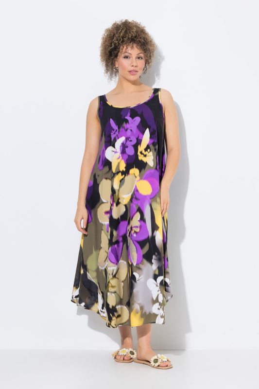Robe midi sans manches, décolleté rond et imprimé à fleurs, coupe évasée