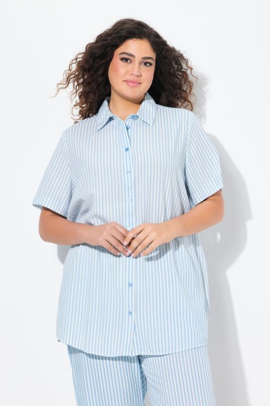 Chemisier rayé en seersucker, col chemise et manches courtes