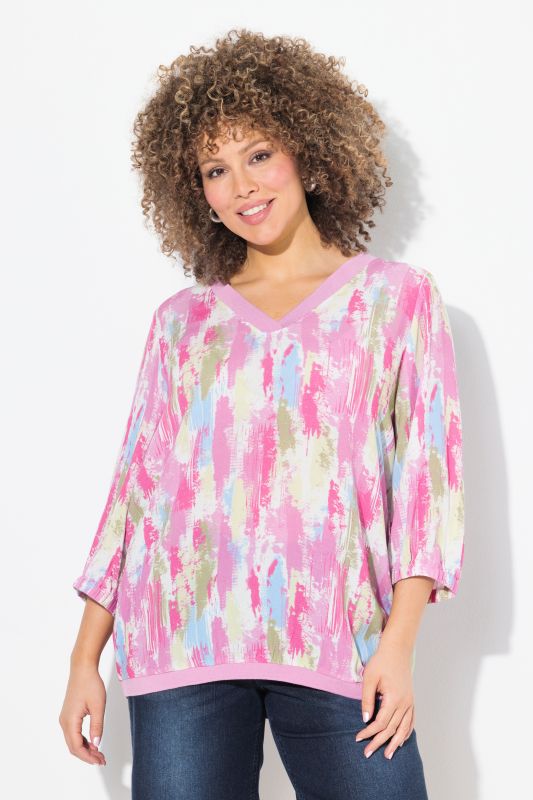 Blouse en crêpe, bord-côte, décolleté en V et manches 3/4