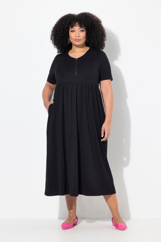 Robe maxi à manches courtes, décolleté en V avec fermeture zippée, coupe évasée