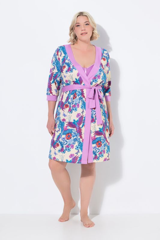 Kimono imprimé perroquets, décolleté en V et manches 3/4, ceinture à nouer
