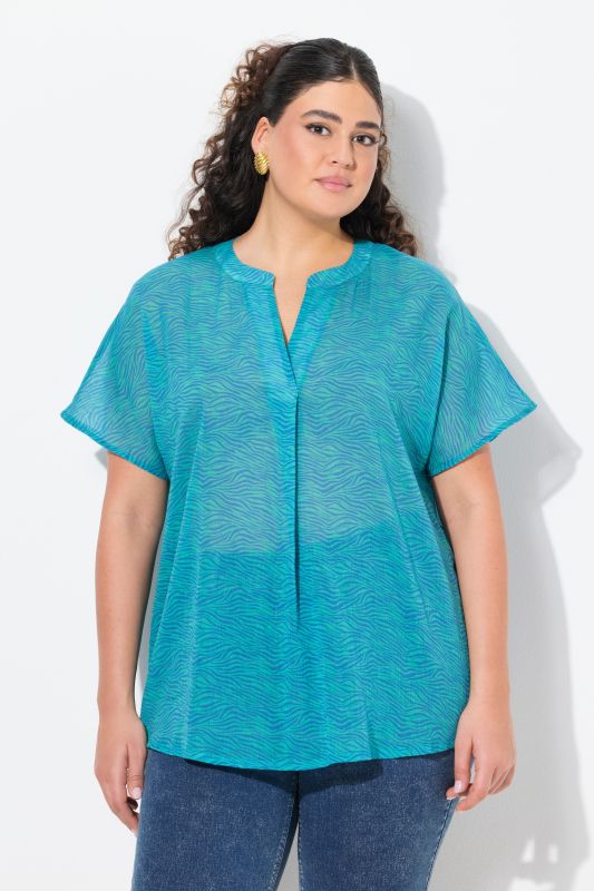 Blouse motif zébré, décolleté en V et manches courtes, coupe évasée