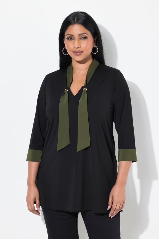 Blouse avec ruban, décolleté en V et manches 3/4, coupe évasée