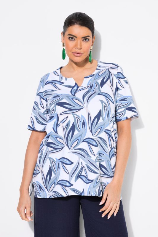 T-shirt à manches courtes et col tunisien, motif feuilles, coupe évasée