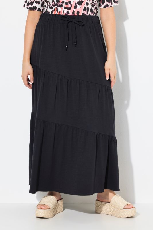Jupe maxi en jersey, volants et taille élastique, coupe évasée
