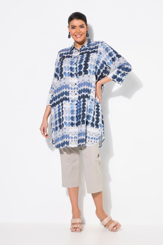 Chemisier long motif cercles, coupe évasée, manches 3/4 et col chemise