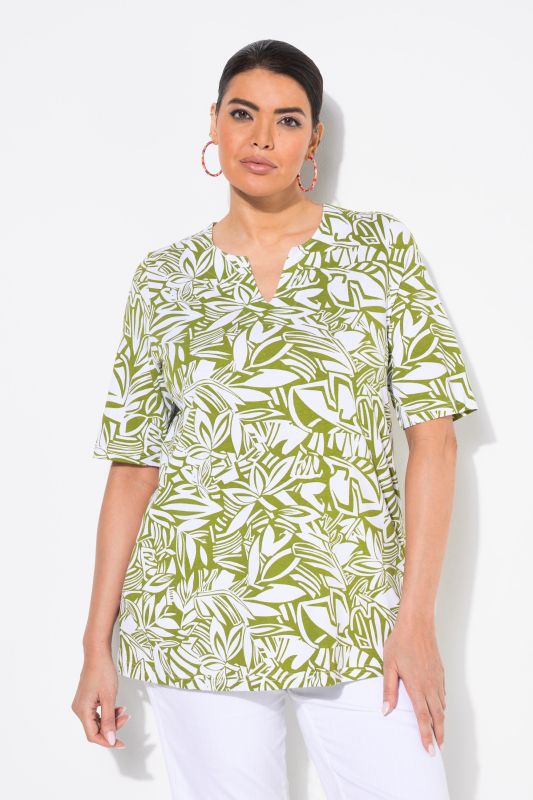 T-shirt à manches courtes et col tunisien, motif feuilles, coupe évasée